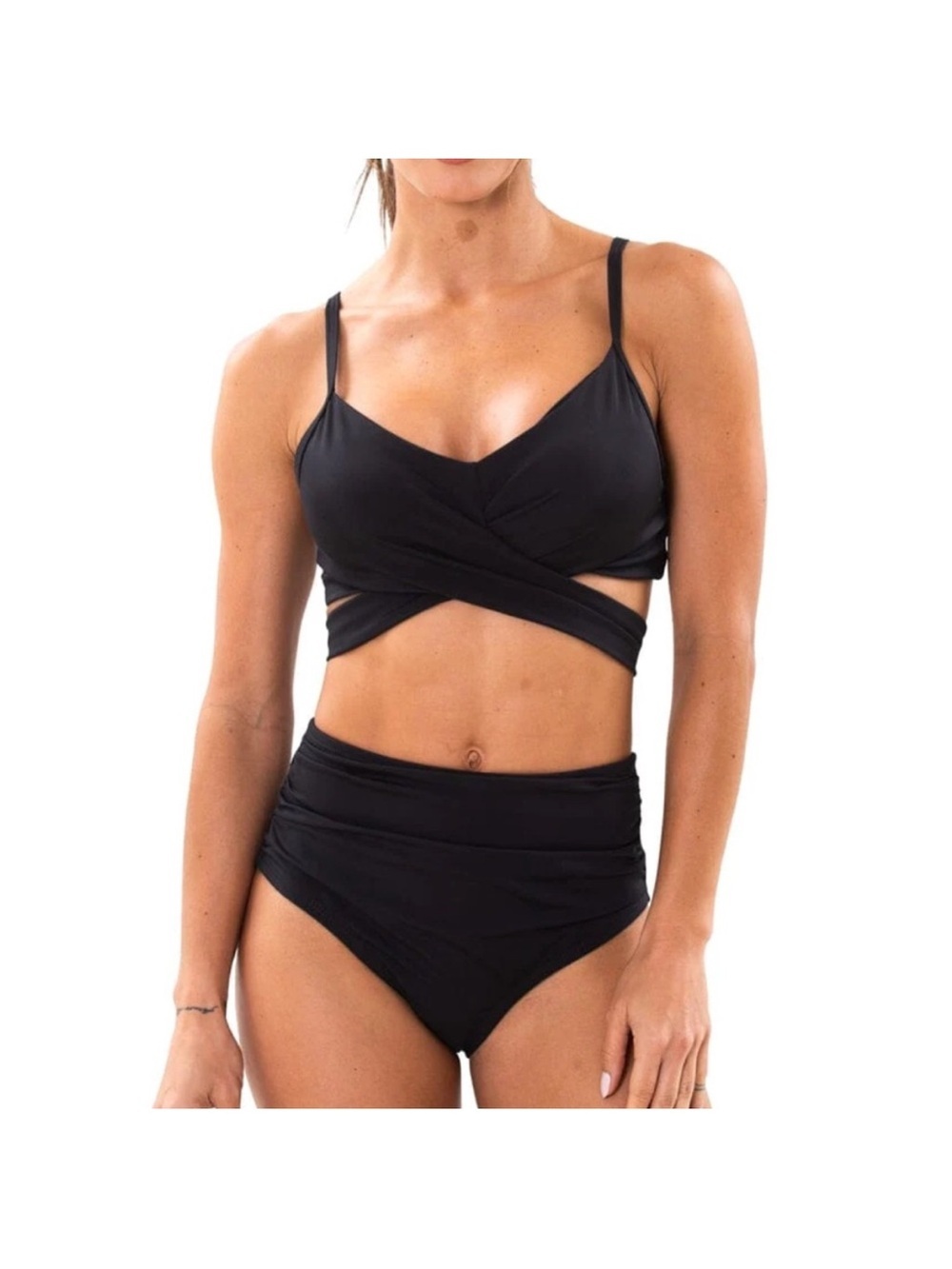 Hapari Island Wrap Black Bikini Top Large